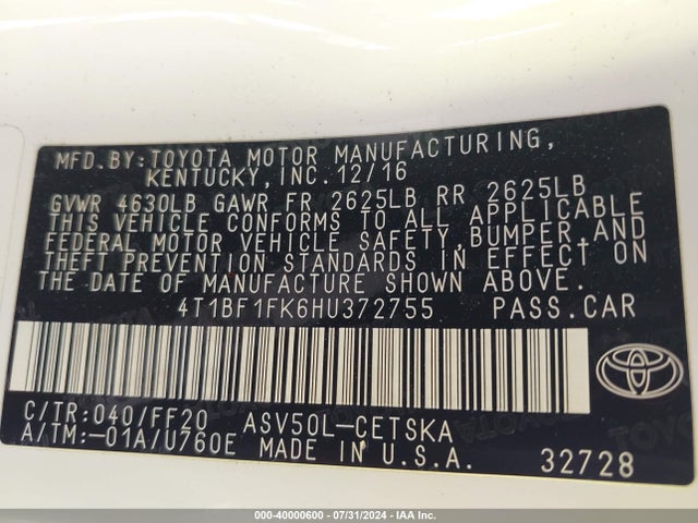Toyota CAMRY SE 2017 4T1BF1FK6HU372755 Image 9