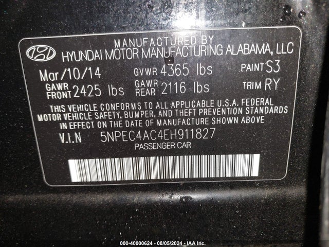 Hyundai Sonata Limited 2014 5NPEC4AC4EH911827 Image 9