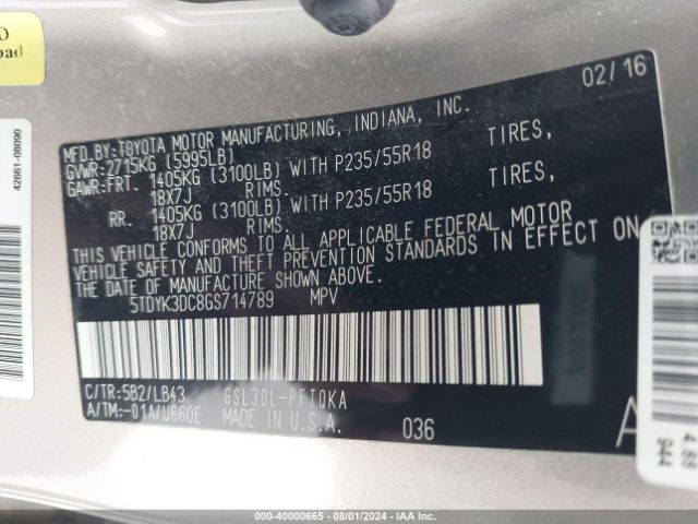 5TDYK3DC8GS714789 Toyota Sienna Limited Premium 7 Passenger