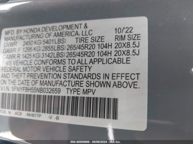 5FNYF8H55NB032659 Honda Passport Awd Ex-l