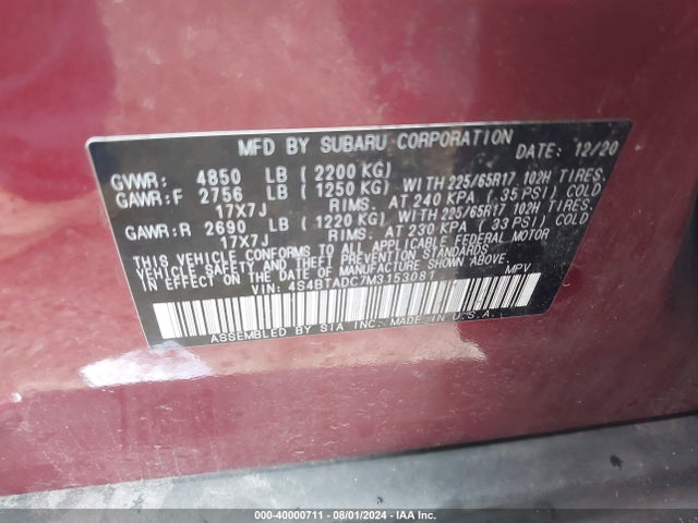 4S4BTADC7M3153081 Subaru Outback Premium