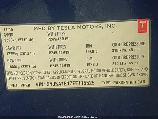 Tesla Model S 60/70/85 2015 5YJSA1E17FF115525 Image 9