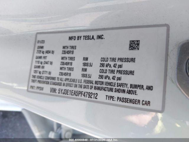 5YJ3E1EA5PF479212 Tesla Model 3 Rear-wheel Drive