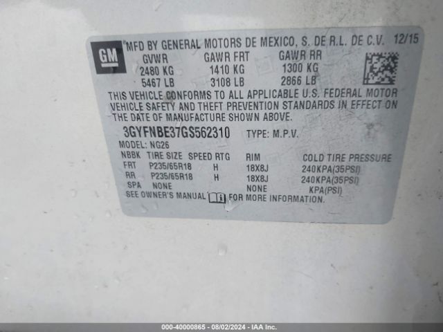 3GYFNBE37GS562310 Cadillac Srx Luxury Collection