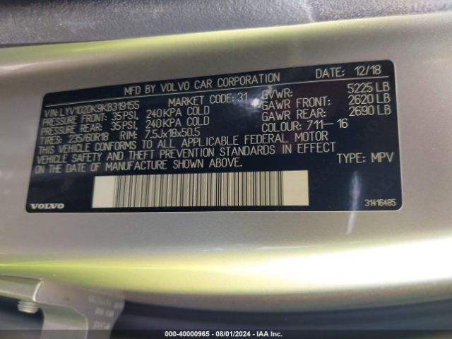 LYV102DK9KB319155 Volvo Xc60 T5 Momentum