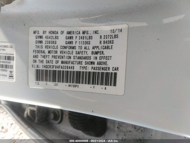 Honda Accord Ex-l V-6 2015 1HGCR3F84FA009449 Image 9