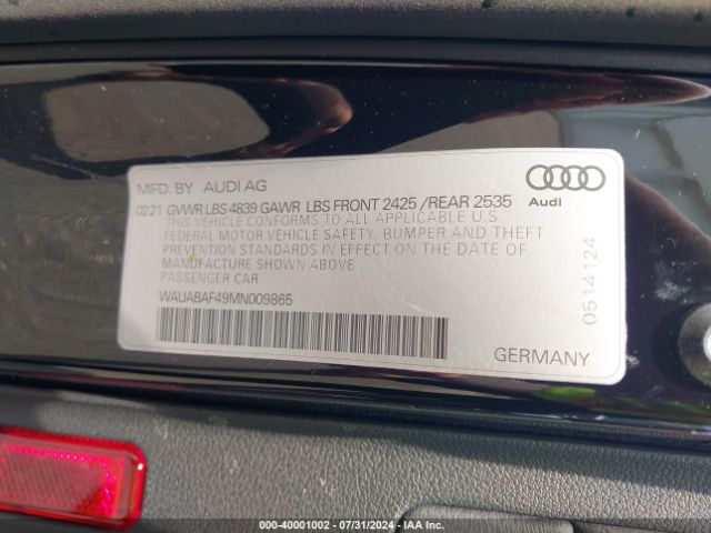 WAUABAF49MN009865 Audi A4 Premium 40 Tfsi Quattro S Tronic