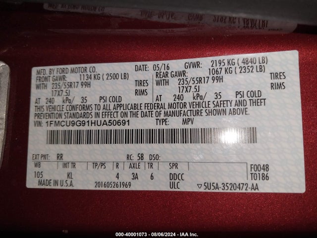 1FMCU9G91HUA50691 Ford ESCAPE SE