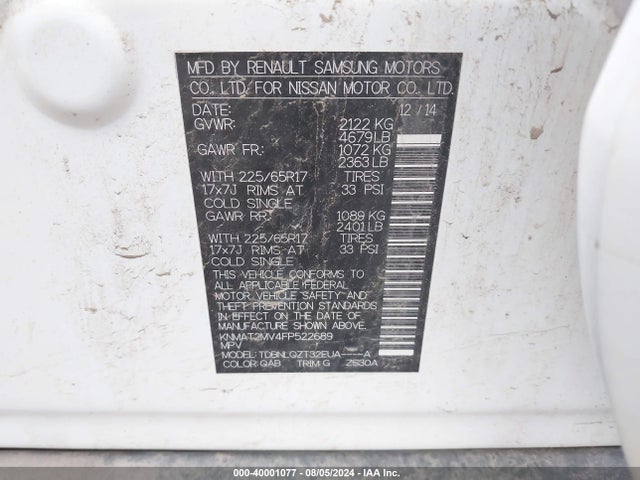 Nissan ROGUE SV 2015 KNMAT2MV4FP522689 Image 9