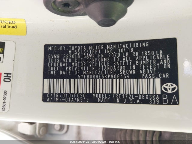 Toyota COROLLA SE 2019 5YFBURHE5KP906154 Image 9