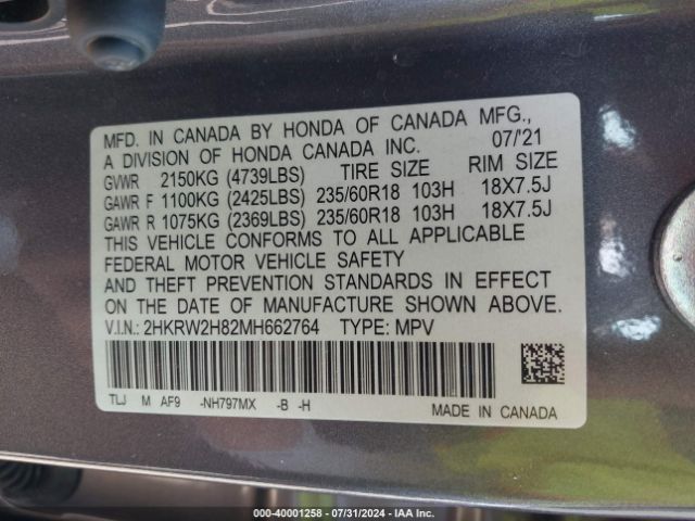 2HKRW2H82MH662764 Honda Cr-v Awd Ex-l
