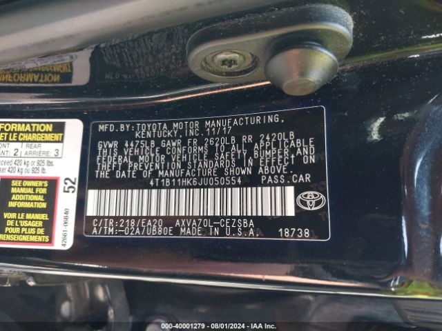 4T1B11HK6JU050554 Toyota CAMRY SE
