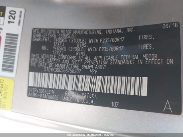 5TDYK3DC5GS758202 Toyota Sienna Xle 8 Passenger