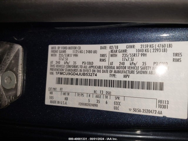 Ford ESCAPE SE 2018 1FMCU9GD4JUB53274 Image 9