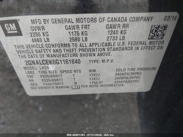 Chevrolet EQUINOX LT 2016 2GNALCEK6G1161840 Image 9