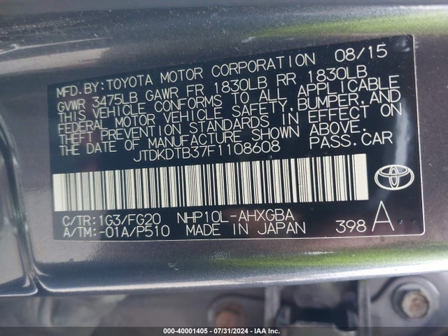 Toyota Prius C Three 2015 JTDKDTB37F1108608 Image 9
