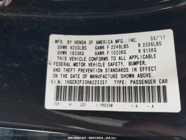 Honda ACCORD LX 2017 1HGCR2F33HA225357 Image 9