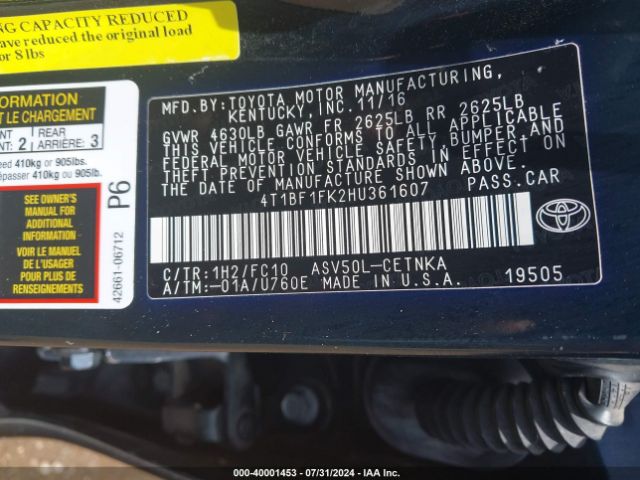4T1BF1FK2HU361607 Toyota CAMRY LE