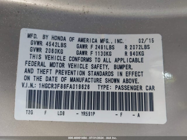 Honda Accord Ex-l V-6 2015 1HGCR3F86FA019626 Image 9