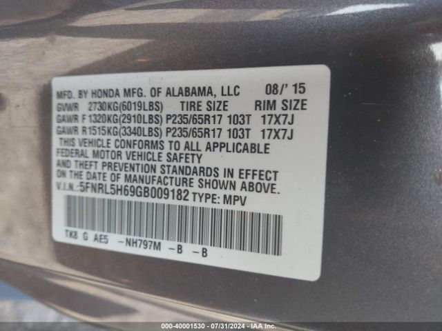 5FNRL5H69GB009182 Honda Odyssey Ex-l