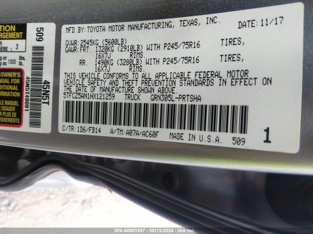 5TFCZ5AN1HX121259 Toyota Tacoma Sr V6