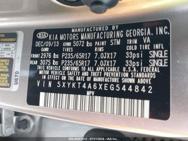 5XYKT4A6XEG544842 KIA SORENTO LX