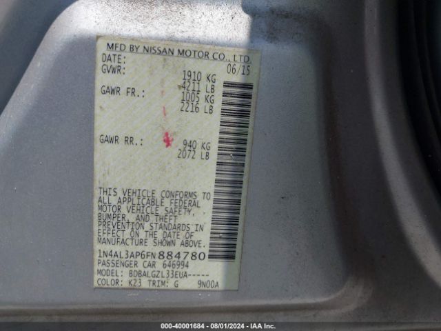 1N4AL3AP6FN884780 Nissan Altima 2.5/2.5 S/2.5 Sl/2.5 Sv