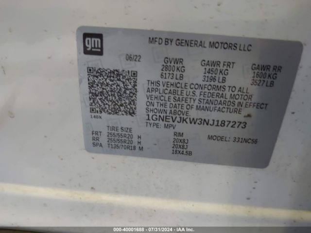 1GNEVJKW3NJ187273 Chevrolet Traverse Awd Rs