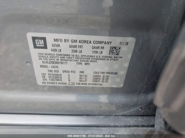 KL4CJ2SB3KB795177 Buick Encore Awd Sport Touring