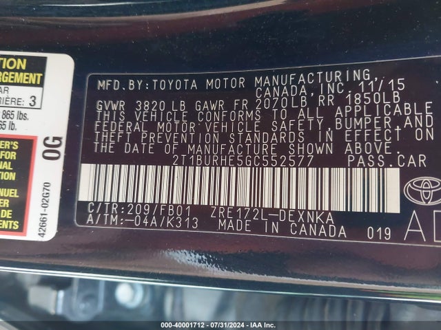 Toyota COROLLA LE 2016 2T1BURHE5GC552577 Image 9