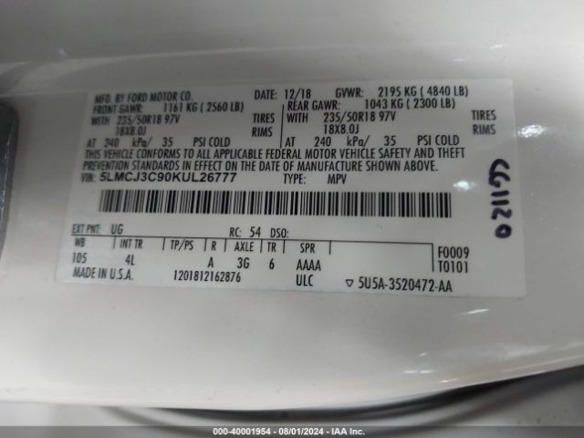 5LMCJ3C90KUL26777 Lincoln Mkc Reserve