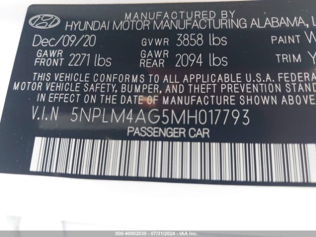 5NPLM4AG5MH017793 Hyundai ELANTRA SEL