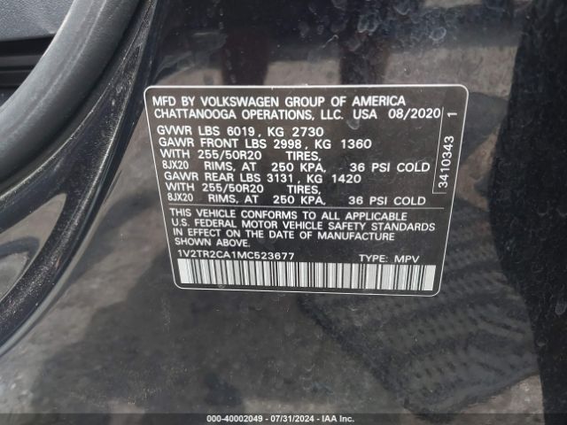 1V2TR2CA1MC523677 Volkswagen Atlas 3.6l V6 Sel Premium
