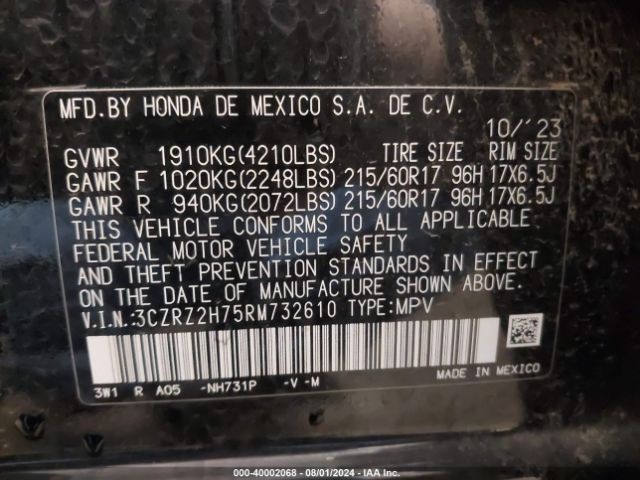 3CZRZ2H75RM732610 Honda Hr-v Awd Ex-l/awd Ex-l W/o Bsi