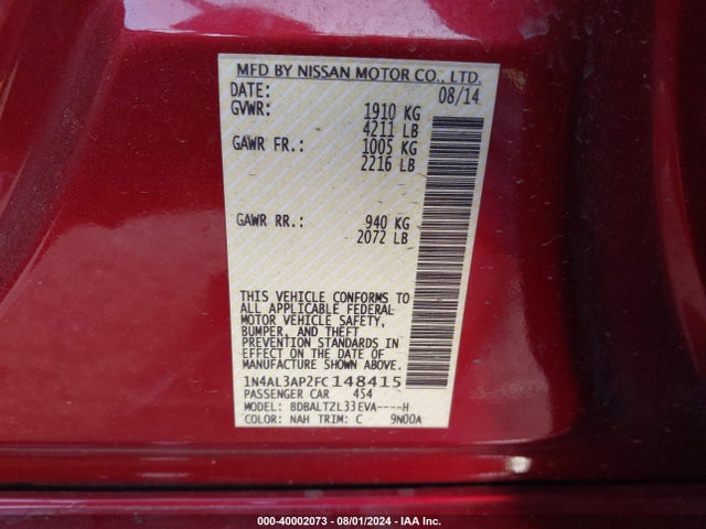 Nissan Altima 2.5 Sl 2015 1N4AL3AP2FC148415 Image 9