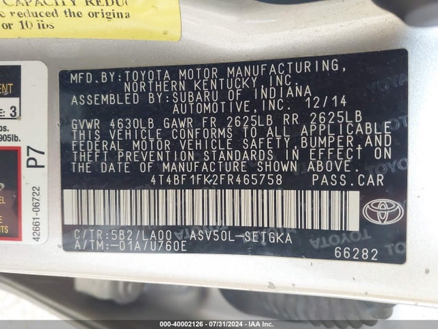Toyota CAMRY XLE 2015 4T4BF1FK2FR465758 Image 9