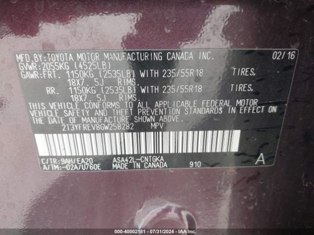 2T3YFREV8GW258282 Toyota Rav4 Limited