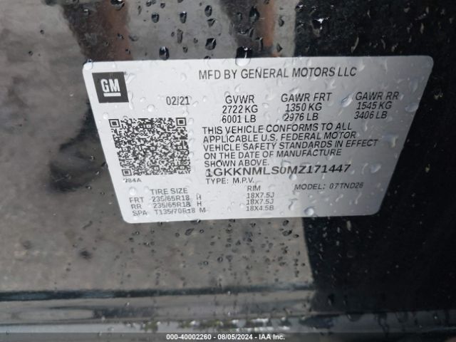 1GKKNMLS0MZ171447 GMC Acadia Fwd Slt