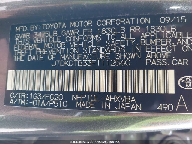 Toyota Prius C Two 2015 JTDKDTB33F1112560 Image 9
