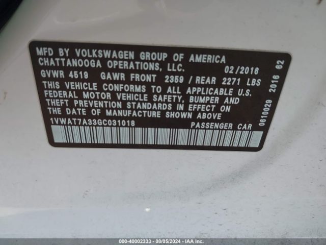 1VWAT7A33GC031018 Volkswagen Passat 1.8t S
