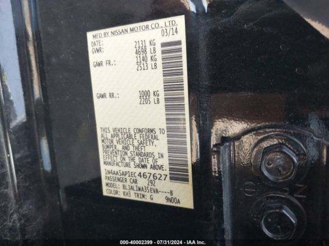 1N4AA5AP1EC467627 Nissan Maxima 3.5 S/3.5 Sv