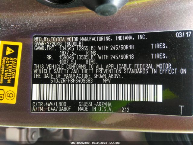5TDJZRFH8HS409383 Toyota Highlander Xle