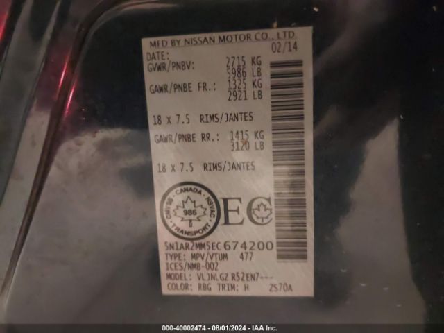 5N1AR2MM5EC674200 Nissan Pathfinder Platinum/s/sl/sv