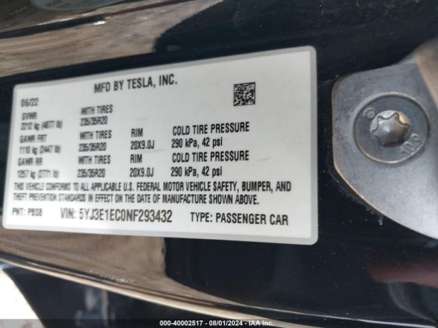 5YJ3E1EC0NF293432 Tesla Model 3 Performance Dual Motor All-wheel Drive