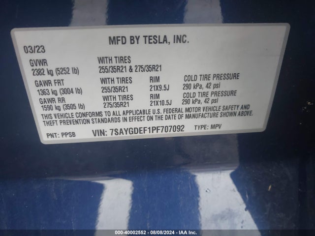 7SAYGDEF1PF707092 Tesla Model Y Awd/performance Dual Motor All-wheel Drive
