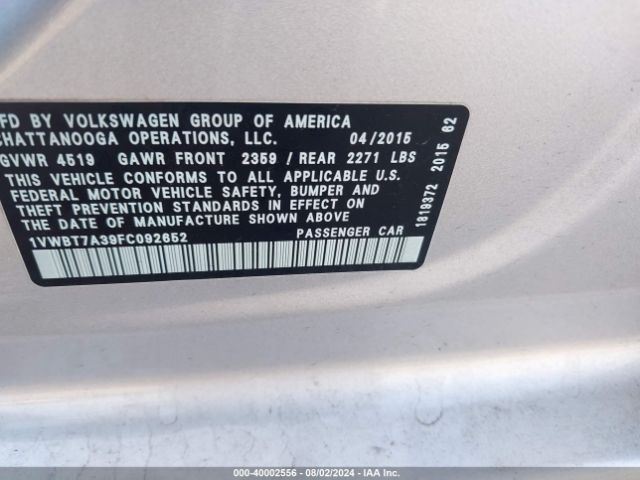 1VWBT7A39FC092652 Volkswagen Passat 1.8t Se