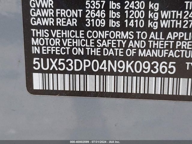 5UX53DP04N9K09365 BMW X3 Xdrive30i