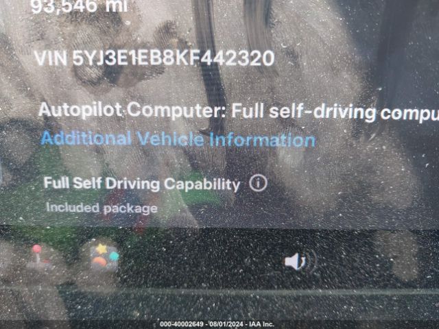 5YJ3E1EB8KF442320 Tesla Model 3 Long Range/performance