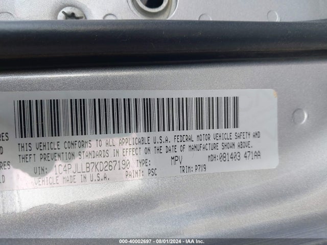 1C4PJLLB7KD267190 Jeep Cherokee Latitude Plus Fwd
