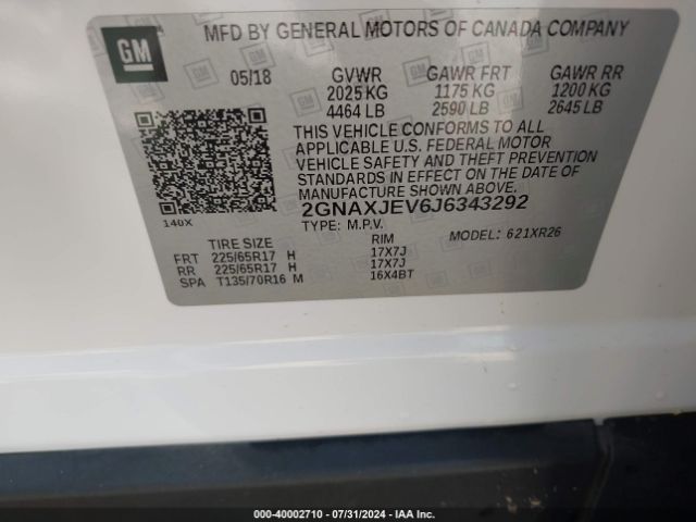 2GNAXJEV6J6343292 Chevrolet EQUINOX LT